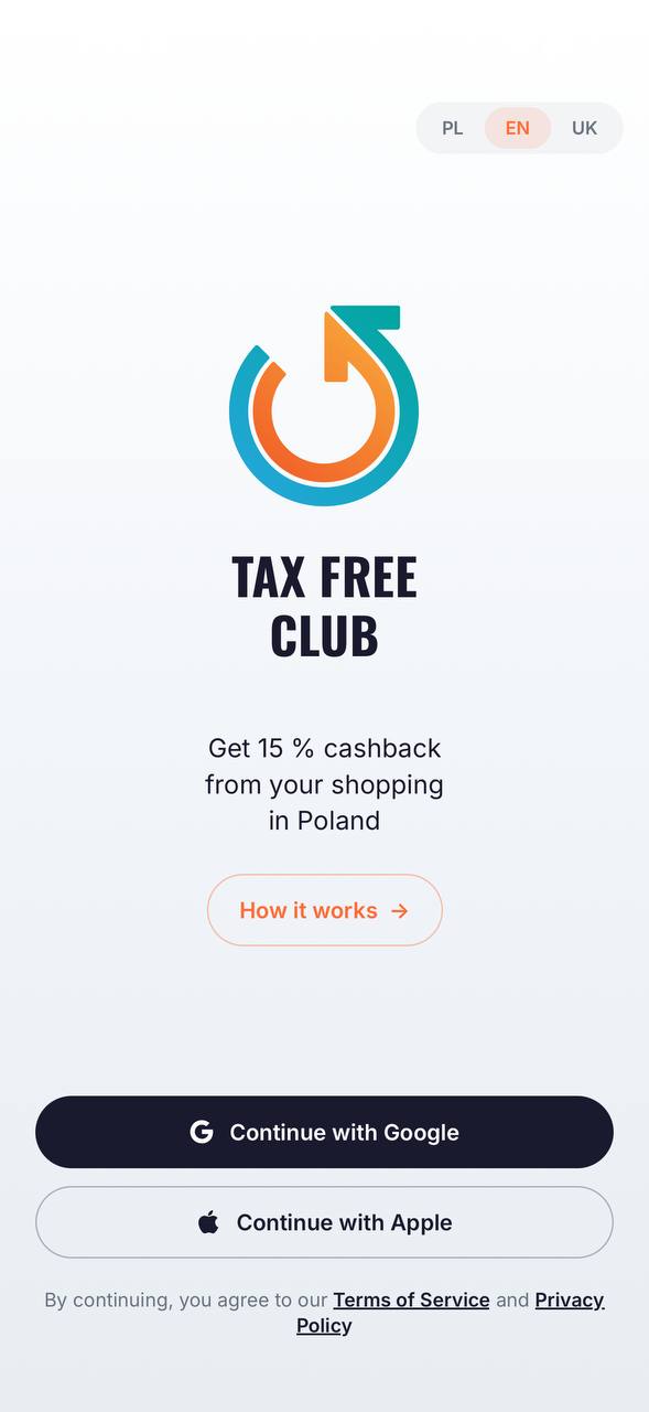 Tax Free Club app login screen